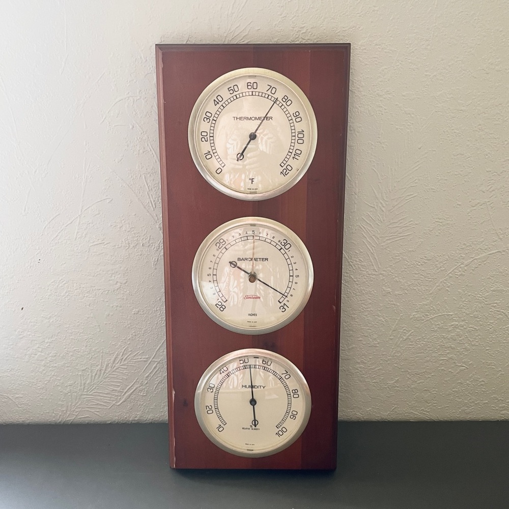 70’s Vintage MCM SUNBEAM Wood Weather Station 3 Dial Barometer Thermometer